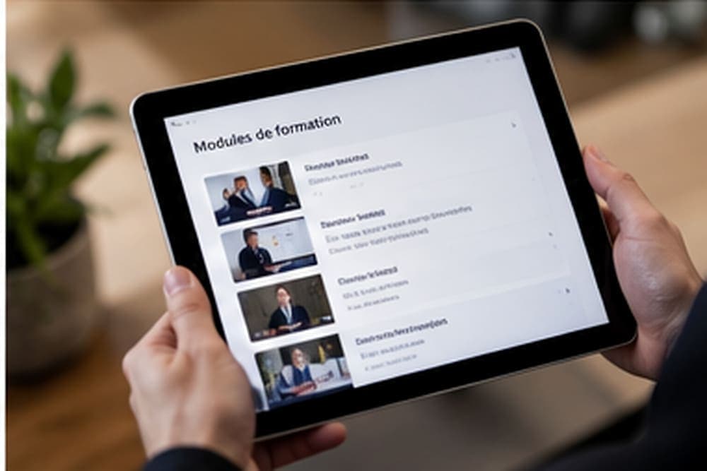 Deux mains tiennent une tablette qui affiche la liste des modules de formation en vidéo