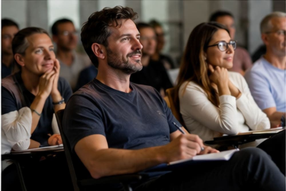 Des professionnels assis en salle de cours prennent des notes sur leurs carnets